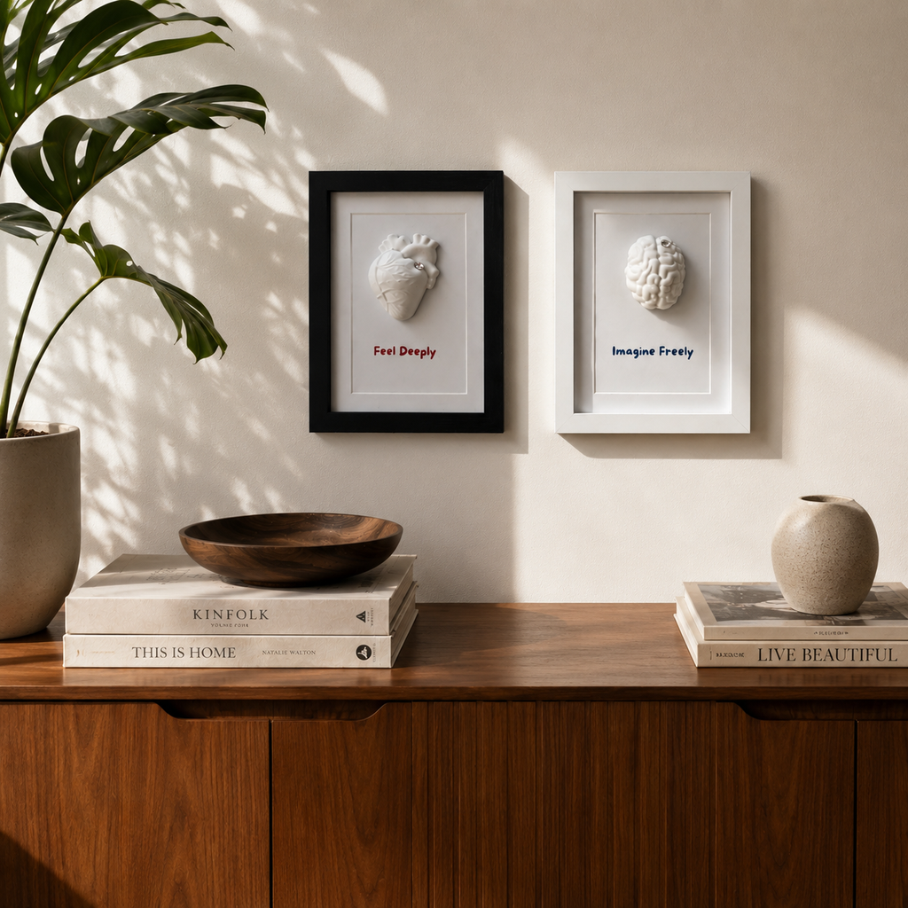 Duo Razão & Emoção 3D — Conjunto de 2 Quadros em Eco Resina com Cristais